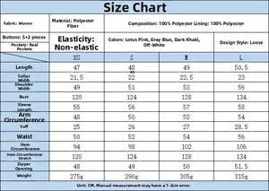 Detailed size chart for loose fit high neck zipper jacket with polyester fabric specs