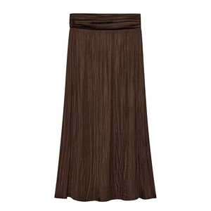 Elegant dark brown high waisted pleated satin midi skirt with textured vertical folds