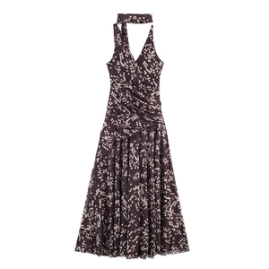 Polka dot deep V-neck halter maxi dress in dark brown with matching neck strap