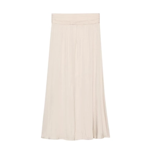 Elegant high-waisted satin A-line maxi skirt in champagne beige with pleated waist details