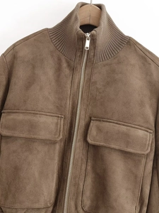 Detailed texture of brown suede jacket featuring ribbed knit collar and metal zipper