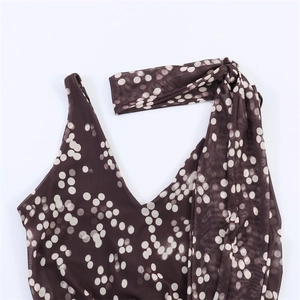 Polka dot mesh dress with deep V-neck and shoulder ties in retro dark brown and white