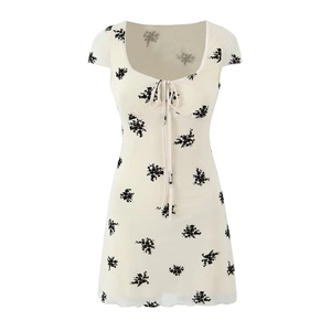 French Vintage Floral Print Mini Dress Women Sexy Backless Lace Trim Tie Front Short Sleeve A-Line Party Summer Sundress