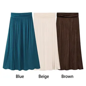 High-waist satin A-line midi skirt in peacock blue, beige, and dark coffee colors