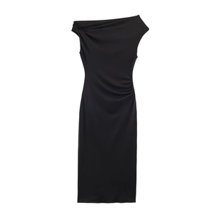 Elegant black one-shoulder midi dress with ruched waist and slim fit design