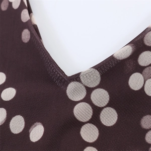 Brown polka dot mesh dress featuring a deep V-neckline and breathable mesh fabric