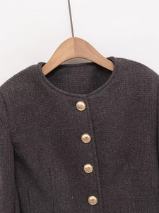 Close-up of charcoal tweed jacket featuring four luxury gold buttons and crew neck