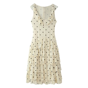Robe Midi Femme Sexy à Pois Sans Manches à Volants Col en V à Étages Dos Nu Élégant Style Français Tenue de Vacances