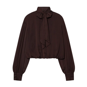 Fashionable dark chocolate long sleeve chiffon blouse with elegant bow tie neck and striped texture