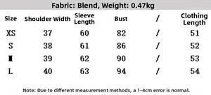 Detailed size chart for women's jacquard jacket showing measurements in centimeters