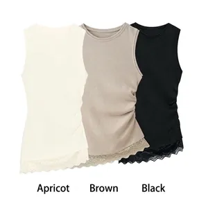 Women Sexy Sleeveless Knit Tank Top Ruched Side Asymmetric Lace Patchwork Hem Round Neck Streetwear Slim Fit Vest Top