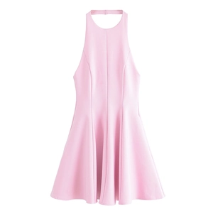 Elegant sleeveless pink halter-neck dress with slim fit and A-line silhouette for summer