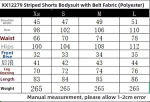 Detailed size guide table for women's striped belted romper with measurements in centimeters