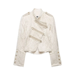 Women Military Style Jacquard Jacket Vintage Stand Collar Relief Button Epaulette Raw Edge Short Coat Outerwear