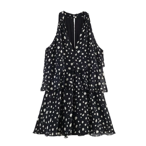 Women Sexy Polka Dot Tiered Halter Neck Mini Dress Sleeveless Backless Ruffle Chiffon Cake Dress Party Vacation Black