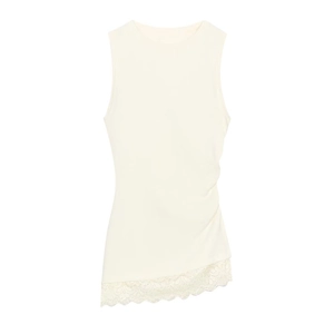 Elegant sleeveless cream top with side ruching and asymmetrical floral lace hem trim