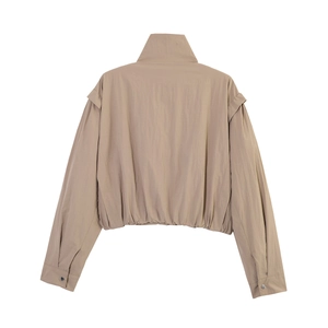 Back view of khaki cropped windbreaker jacket with high collar and elastic hem detail