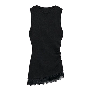 Women's black sleeveless ruched top with lace trim detailing on white background