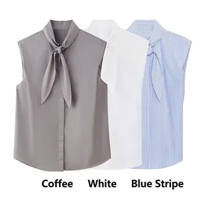 Camicia da Donna Senza Maniche con Scollo a Fiocco a Righe Tinta Unita Blusa Casual da Ufficio