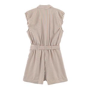 Detail showing the back of a striped sleeveless romper with collar and matching waist belt