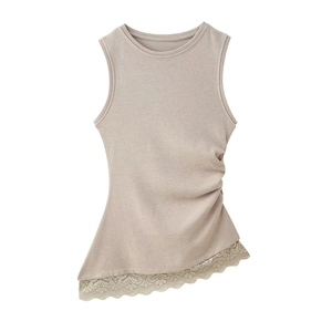 Elegant beige sleeveless top with side ruching and floral lace asymmetrical hem detailing