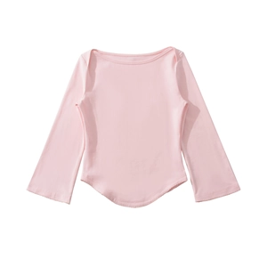 Close-up of baby pink long-sleeve top with delicate lace trim on the hem and neckline