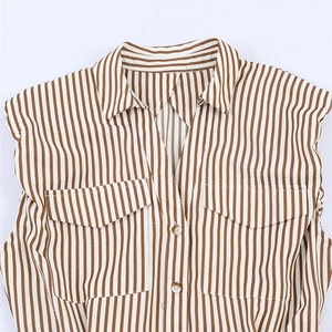Detail view of brown vertical striped fabric with button-down collar and chest pockets