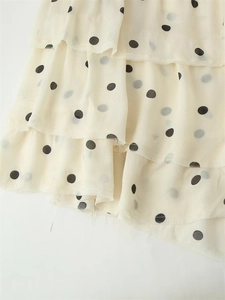 Détail du tissu de robe à pois crème avec des volants superposés et bords texturés