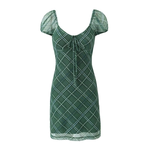 Robe Courte Sexy à Carreaux Verts pour Femmes Style Vintage Français Maille Manches Bouffantes Col Cœur Moulante