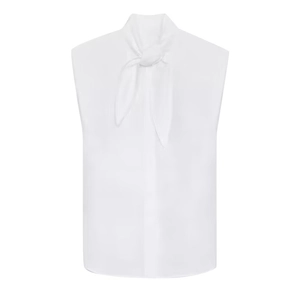 Elegante camicetta bianca senza maniche con fiocco al collo e tessuto in cotone denso