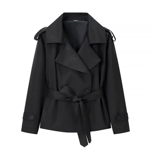 Classic black short trench coat with lapel collar and waist belt for women