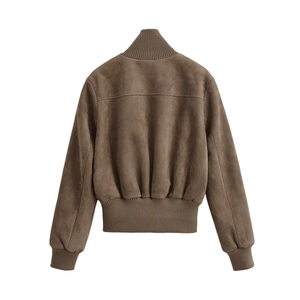 Rear view of brown suede bomber jacket showing ribbed high collar and hem details