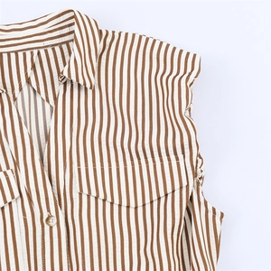 Detail of brown and white striped sleeveless shirt showing collar and front chest pockets