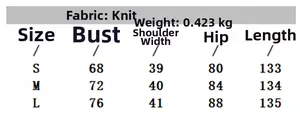 Detailed size chart for knitted lace maxi dress with bust and length measurements
