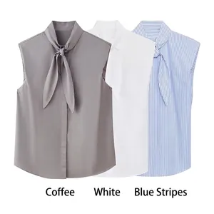 Camicie a righe senza maniche da donna con fiocco nei colori marrone, bianco e blu