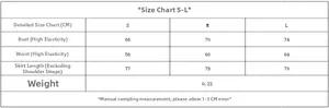 Detailed size chart for the asymmetric sling dress showing bust, waist, and length in CM