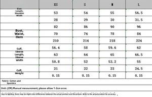 Detailed size chart for floral long sleeve V-neck shirt in CM with measurement guide