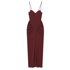 Donna Arricciato Bustier Spalline Sottili Maxi Vestito Borgogna Slim Bodycon Sera Festa Elegante Senza Maniche Lungo