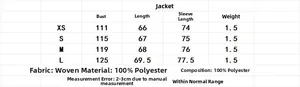 Size chart for women's faux leather short trench coat showing chest, length, and sleeves
