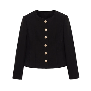Classic black tweed cropped jacket with gold buttons and a round neck design