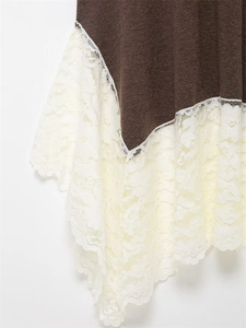 Detailed macro shot of dark brown knit fabric with intricate white floral lace hemline
