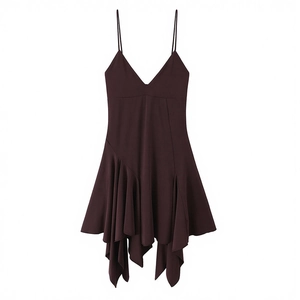 Detail view of v-neck asymmetrical ruffled hem on a dark burgundy cami dress