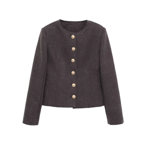 Women's dark grey tweed blazer with round neck and gold buttons in a flat lay view