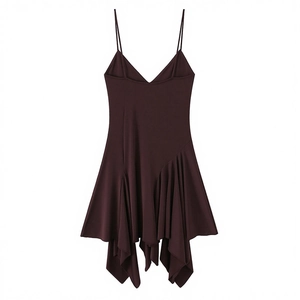 Detail of ruffled asymmetric hemline on a dark chocolate strappy dress