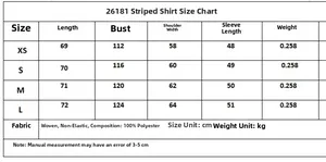 Size chart for women's striped blouse showing measurements for sizes XS to L in centimeters