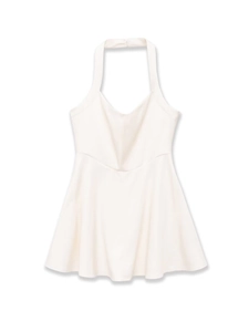 Detail of white halter neck dress featuring a V-neckline and slim-fit waist structure