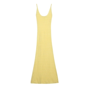 Pale yellow knit crochet maxi dress with spaghetti straps and a deep U-neckline