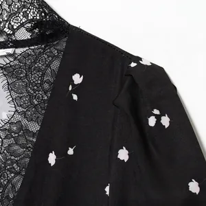 Sexy V-neck floral dress with lace trim and bubble sleeves featuring a slim-fit high waist