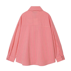 Detail view of pink and white striped shirt back with horizontal stripe yoke detail