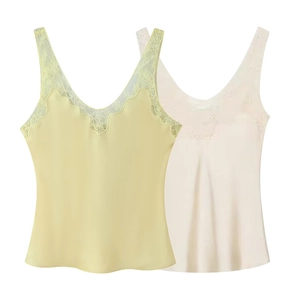 Camisole en Satin Sexy à Col en V pour Femmes avec Bordure en Dentelle Élégante Coupe Ajustée Dos Nu Texture Soie Top Sans Manches Été